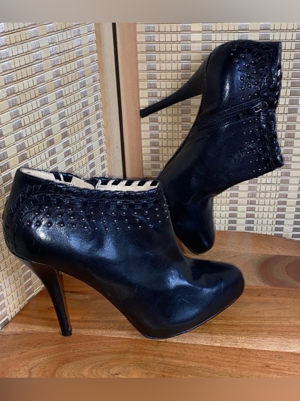 Enzo Angiolini Yasim Black Studded Black Leather Bootie Size 7.5